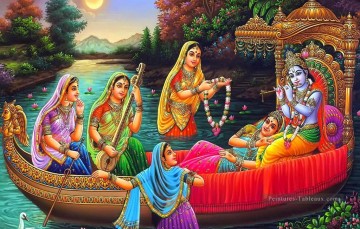 Radha Krishna dans un Bateau Hindou Peinture à l'huile